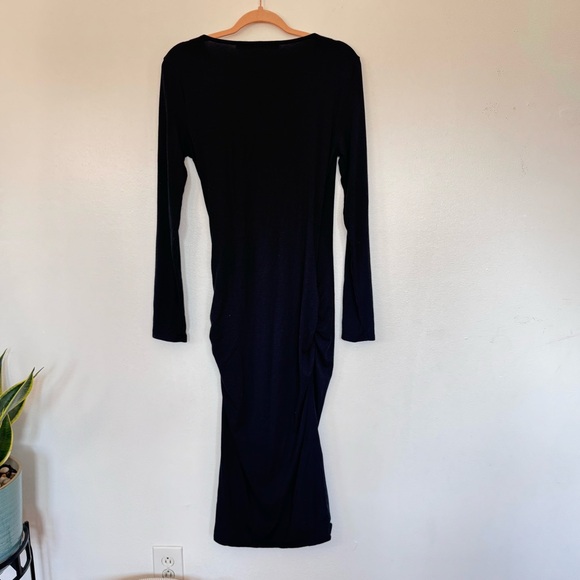 Michael Stars Ruched Wrap Long Sleeve Soft Stretchy Knit Black Midi Dress Sz L - Picture 9 of 9